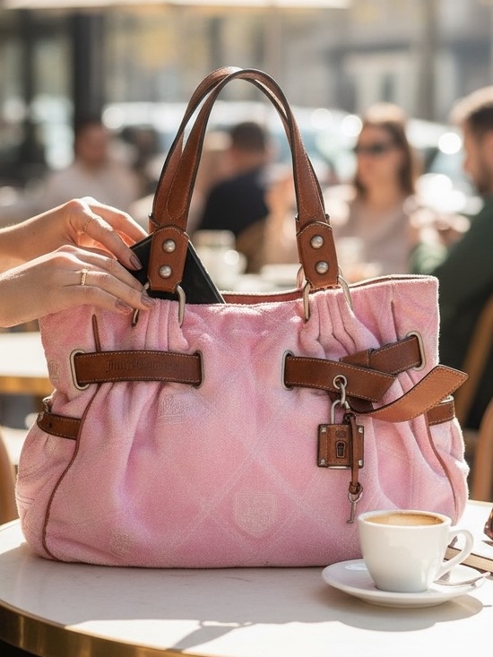 Juicy Couture Handbags - Juicy Couture Pink Shoulder Tote with Brown Leather Trim